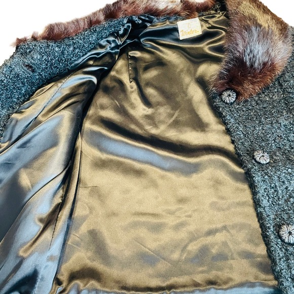 Vintage Winter Black Boucle Knit Brown Mink Collar Short Jacket Button Front S - Picture 10 of 12